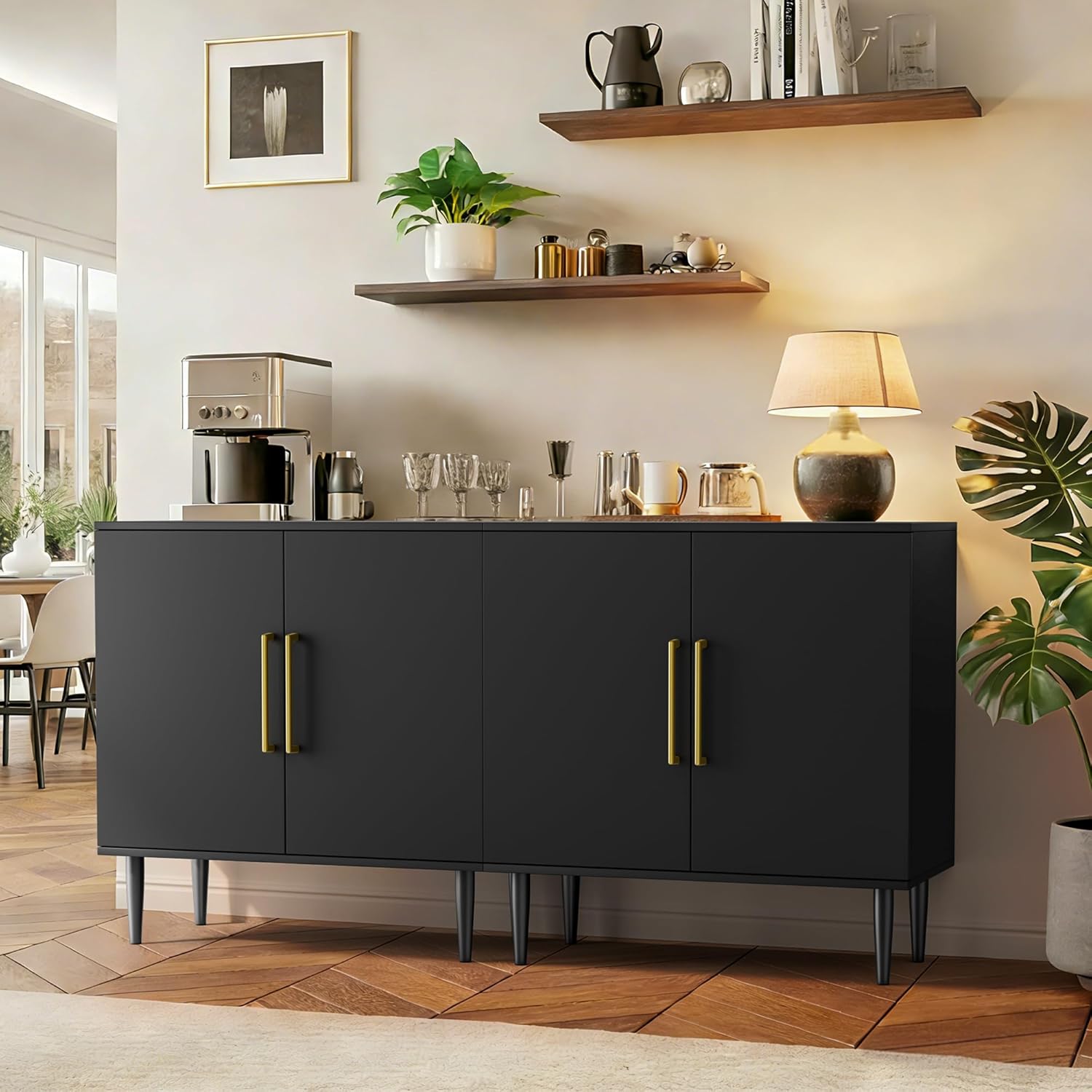 Black Buffet Cabinet, Free Standing Sideboard with Storage, Wood Accent Cabinet with Doors,Modern Credenza, Sideboard Storage Cabinet for Living Room, Dining Room(1, Black & Gold)