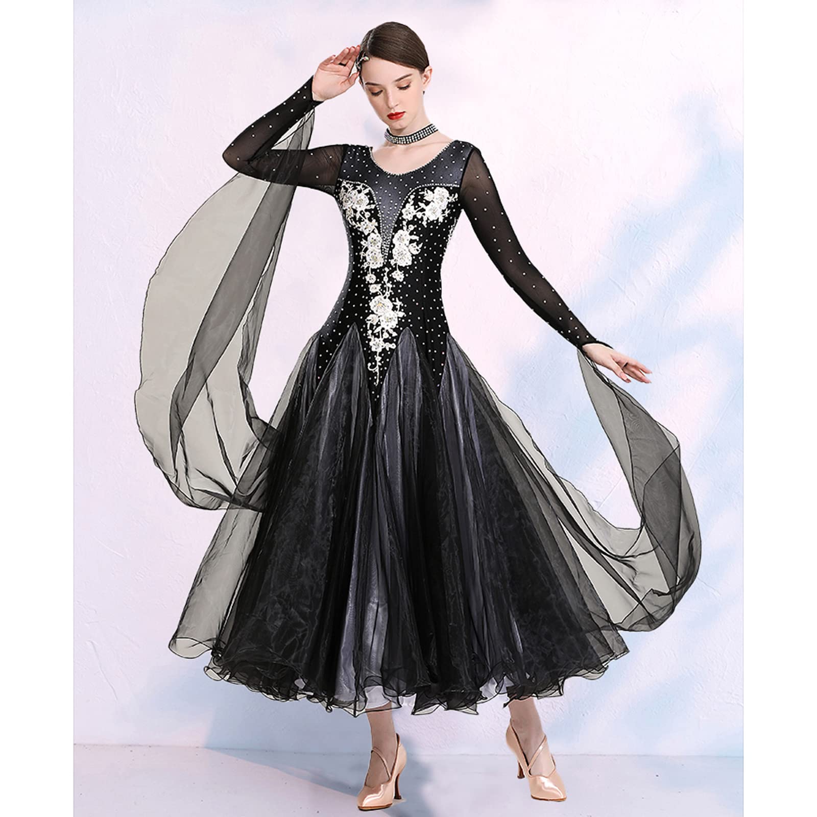 Abiti da Ballo da Sala A Maniche Lunghe Abbigliamento da Competizione National Standard Salsa Valzer Scollo Rotondo Costumi da Spettacolo Moderno Flamenco Strass Luccicanti,A,S
