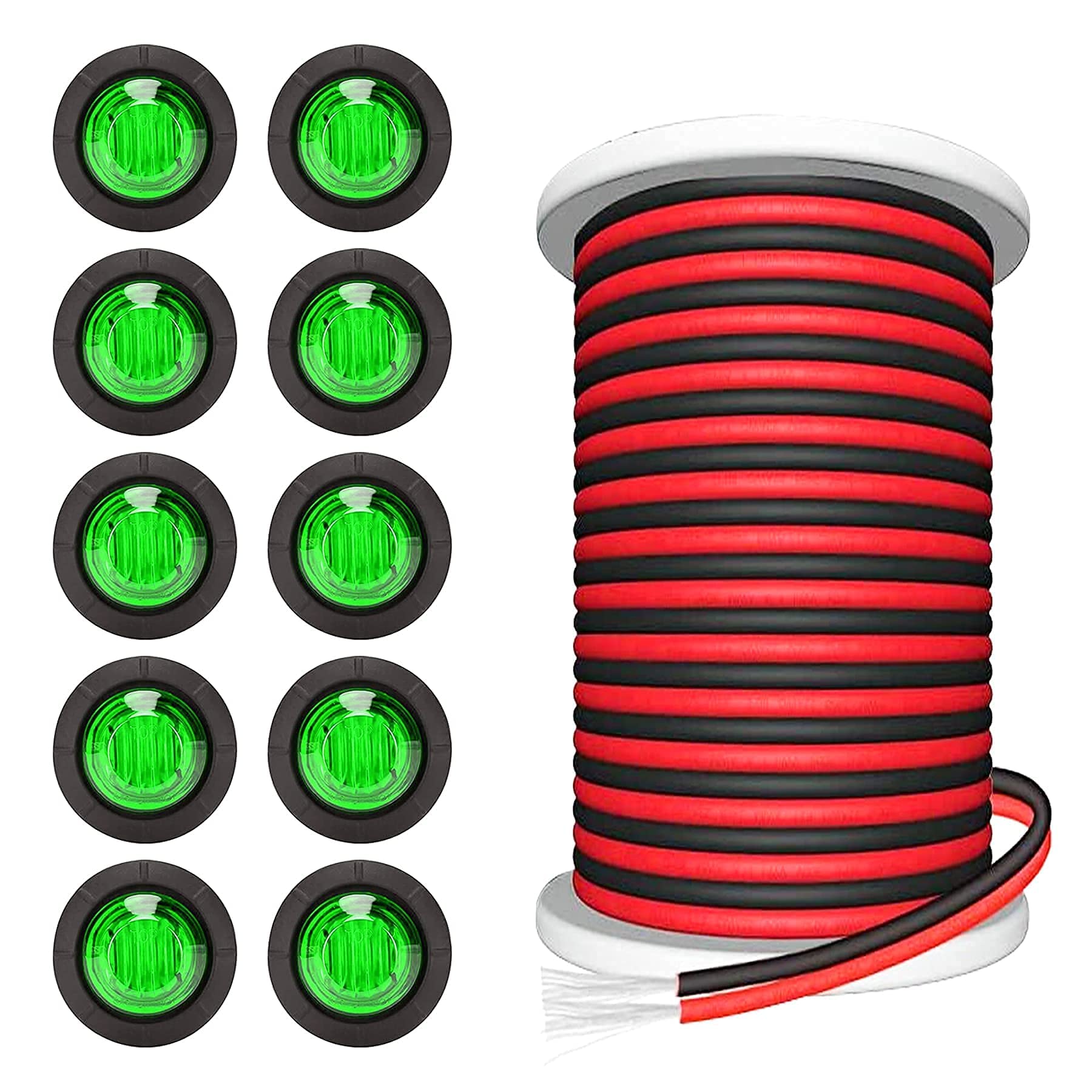PSEQT 3/4'' Round LED Boat Interior Deck Transom Courtesy Lights Green for Pontoon Sailboat (10Pcs) + 100FT/30M 22AWG 2pin Extension Cable Wires Cord (1Pcs)