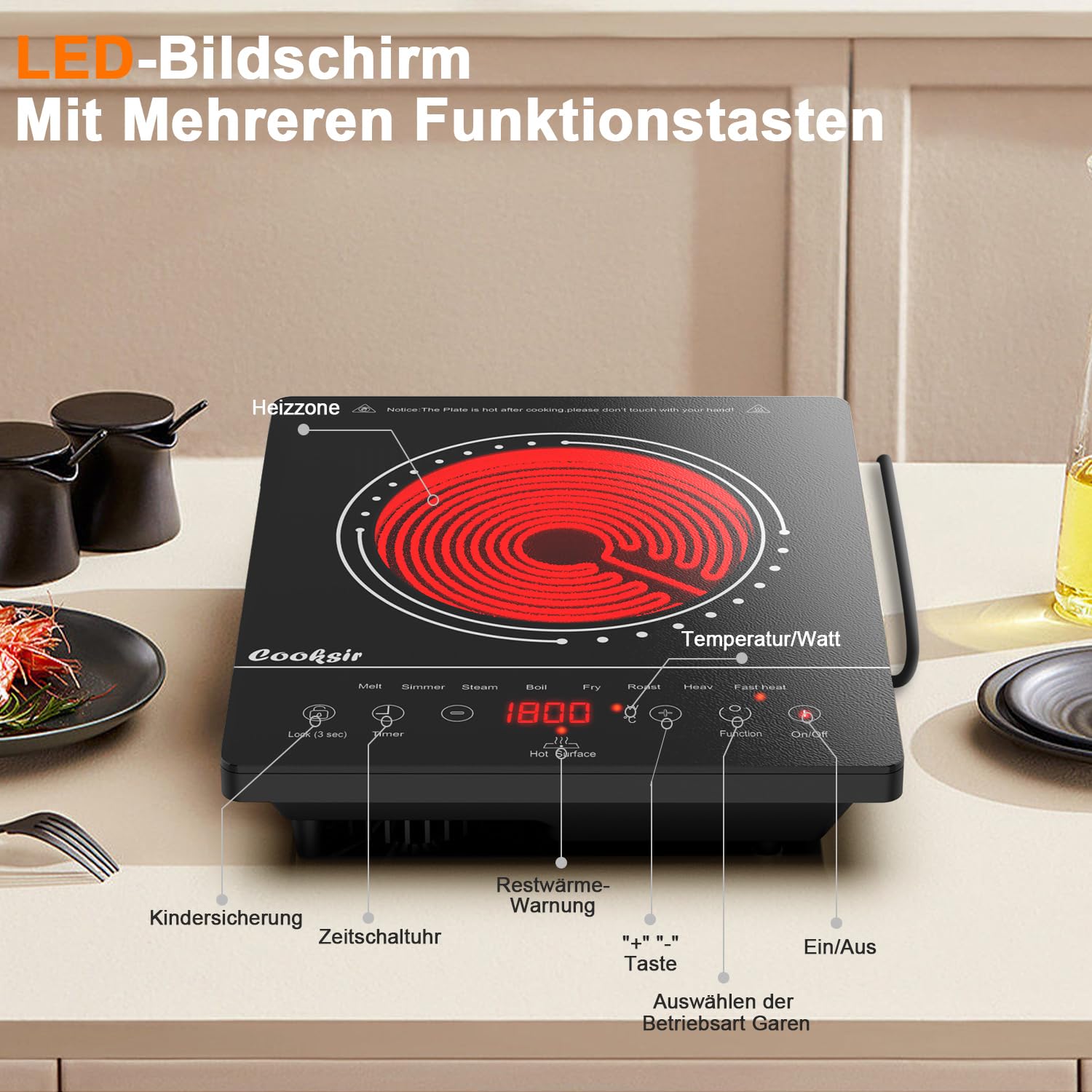 Glaskeramikkochfeld 1 Platte, 2000W, 28cm, Infrarot-Wärme, Sicherheitsschloss, 4 Stunden Timer