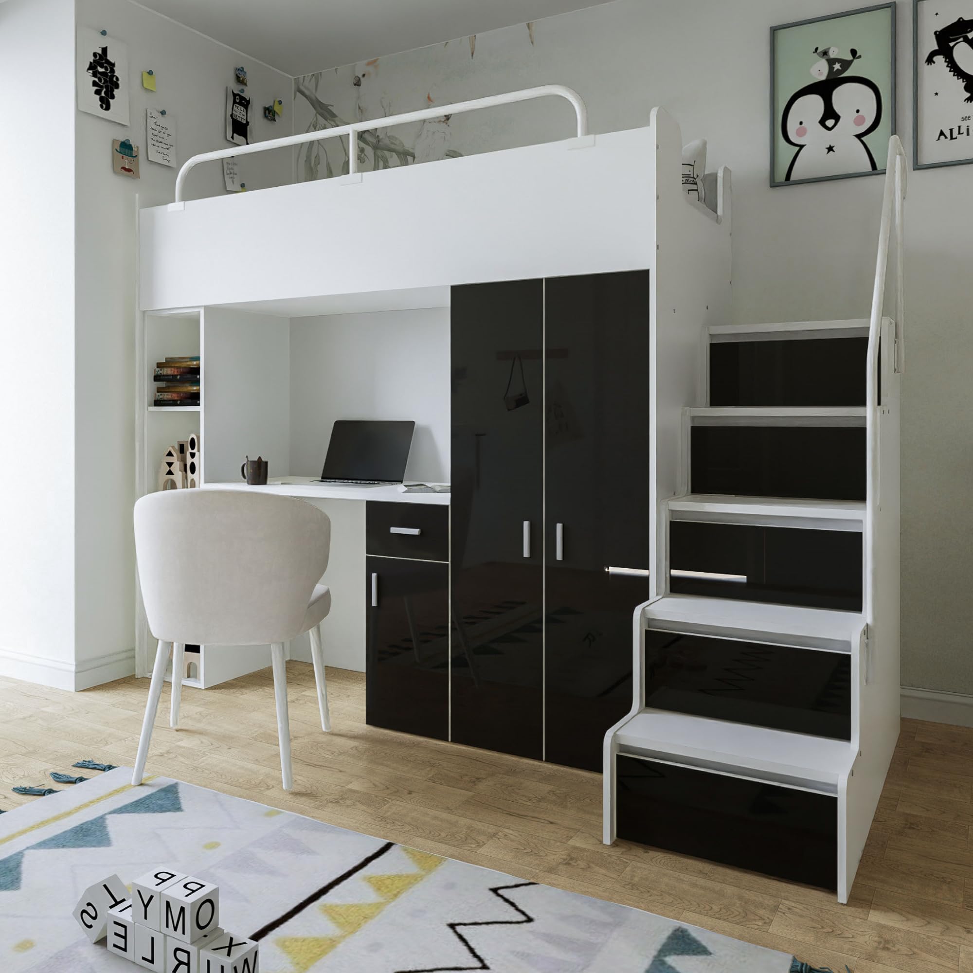 Hochbett JSM-4 80x190 mit Kleiderschrank Schreibtisch und Treppe Hochglanz Kinderbetten Funktionsbett Etagenbett Stockbett Kinderhochbett Jugendhochbett (Schwarz Glanz)