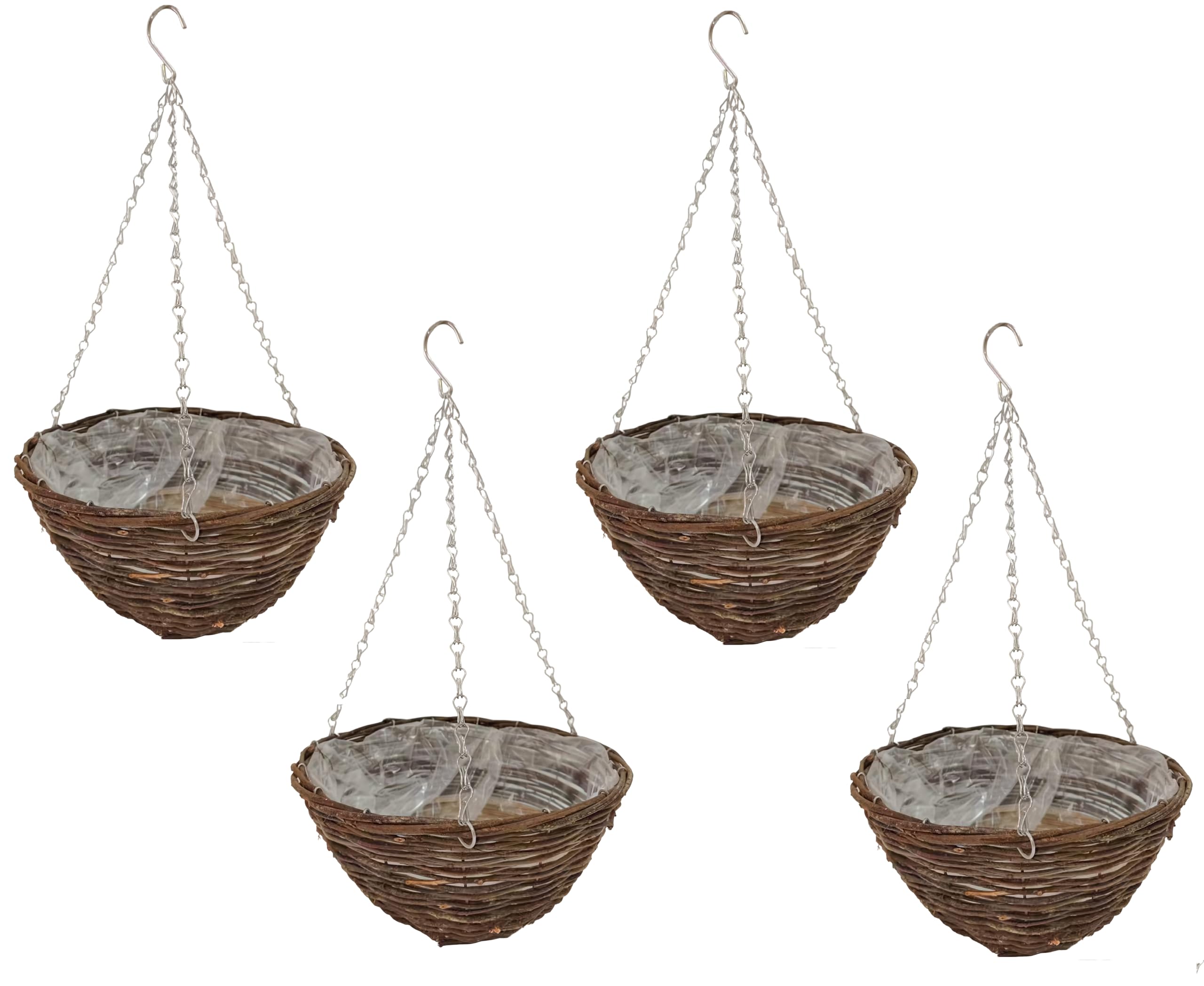 Quickdraw Brown 4 X Rattan Hanging Baskets 14” – Round Outdoor Planters With Liner & Chains – Weather Resistant Wicker Basket Flower Pots For Garden Plants & Flowers