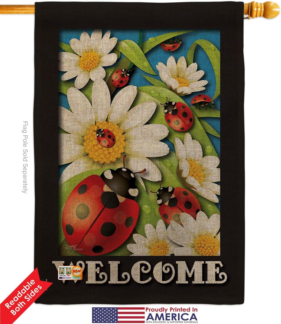 Ladybug Heaven Burlap House Flag Garden Friends Butterfly Ladybugs Dragonfly Bee Springtime Insect Natural Wildlife Small Decorative Gift Yard Banner Double-Sided Made In USA 28 X 40