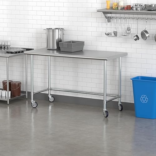 Miniatura 70 de Mesa de trabajo de base abierta de acero inoxidable 430 de calibre 18 de 30 x 72 pulgadas con ruedas giratorias de zinc resistentes de 5 pulgadas