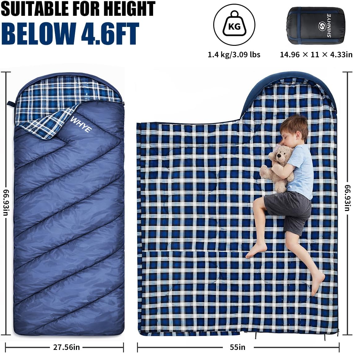 SHINHYE Kids Sleeping Bag for Cold Weather (45°F) - Lightweight, Waterproof & Compact Flannel Bag for Camping. Fits Youth 10-12 Years (4'7" to 5'5")