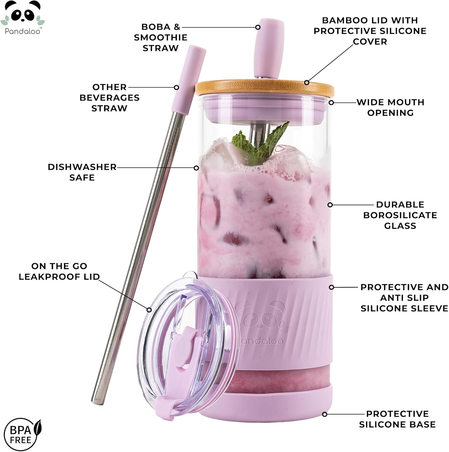 Sip in Style: Review of the Pandaloo® Lilac Rhapsody Glass Cup with Lids & Straws