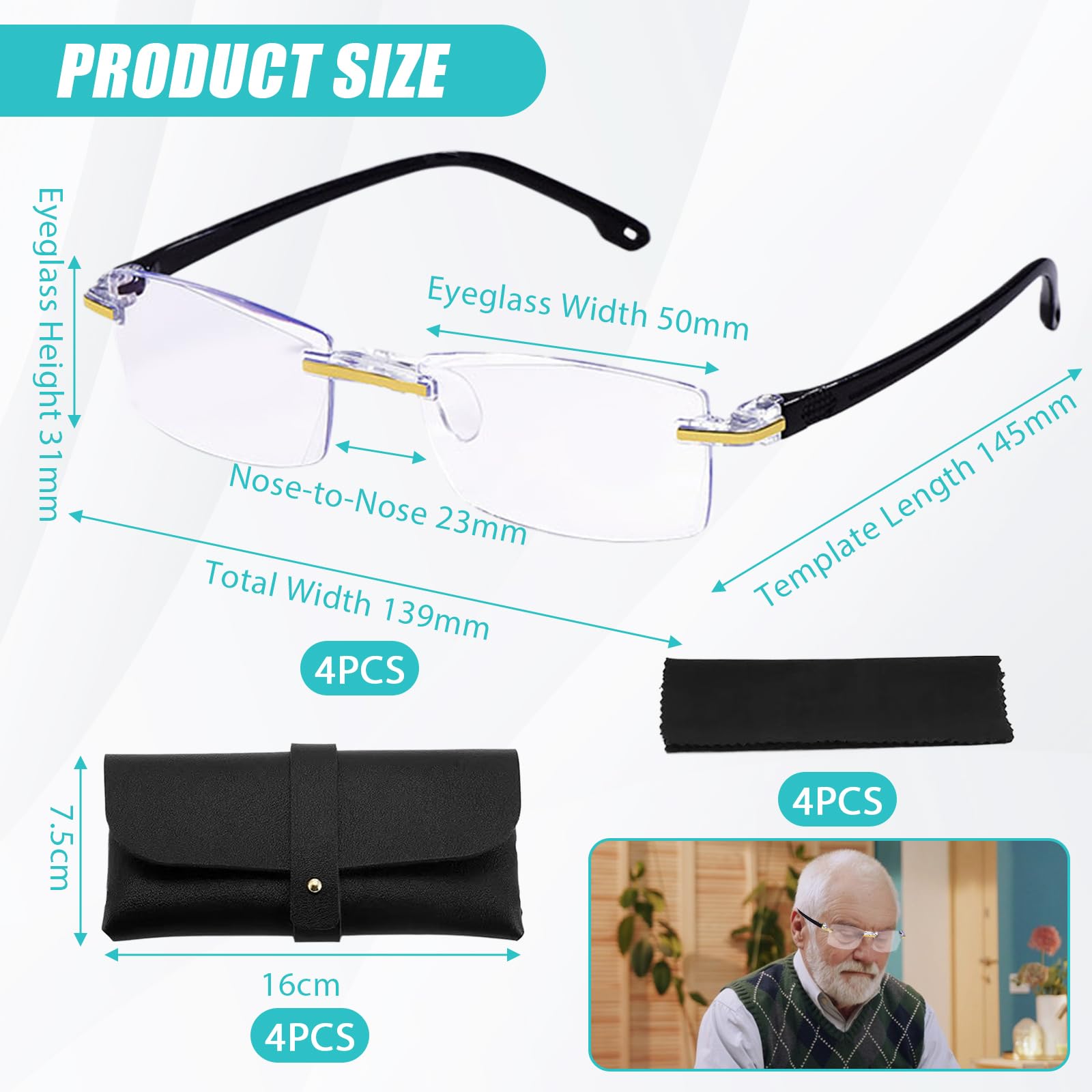 4 Pezzi Occhiali Da Lettura Occhiali Da Lettura Zoom Automatico Intelligente Con Autofocus,Protezione Della Luce Blu, Leggero E Confortevole,Unisex,4 Custodia In Pelle 4 Panno