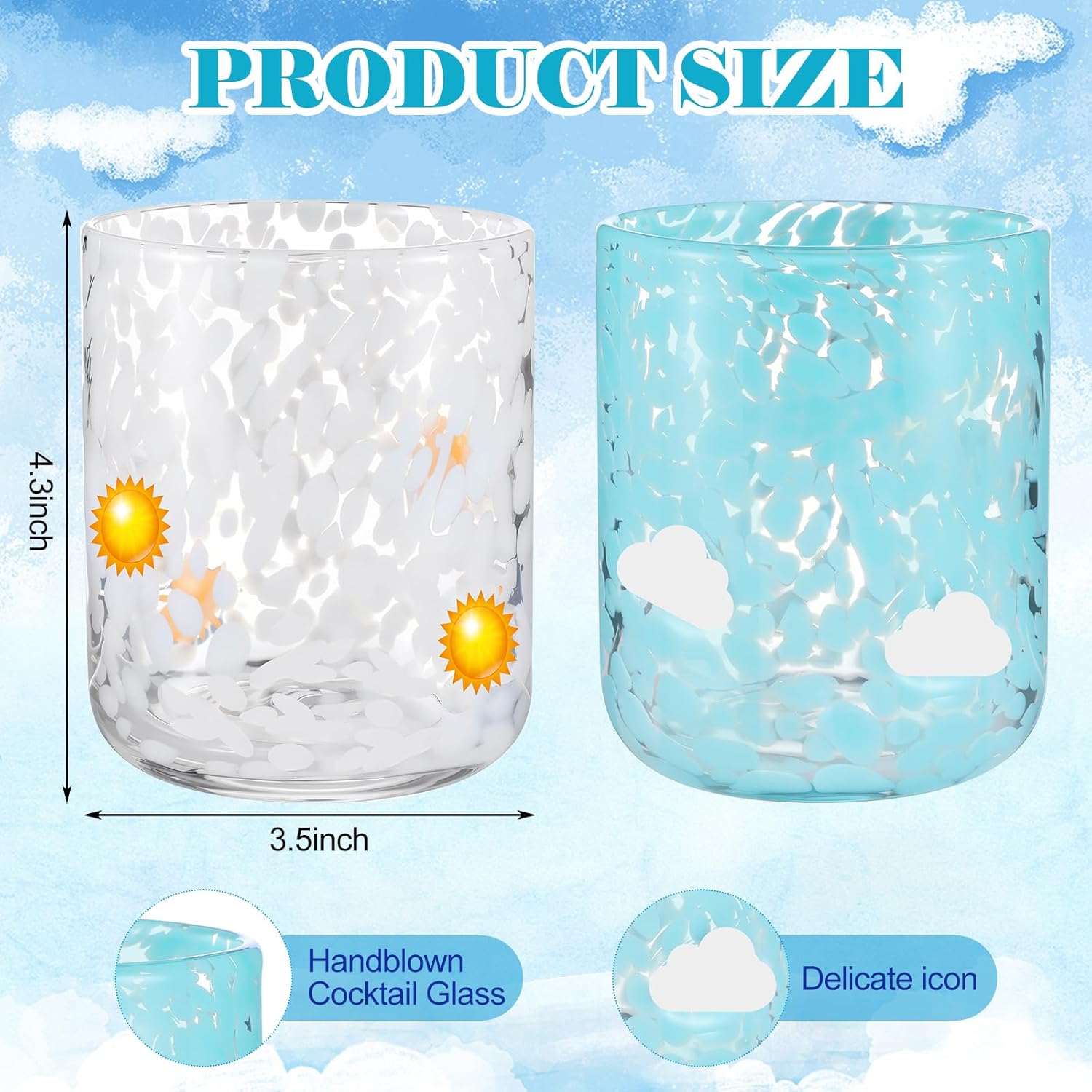 Skylety 2 Pcs Icon Juice Glass Rocks Glasses 14 Ounce Sun and Cloud Icon Wine Glasses Set Double Old Fashioned Hand Blown Cocktail Couple Cups for Women Home Decor Lovely Gifts - Image 3