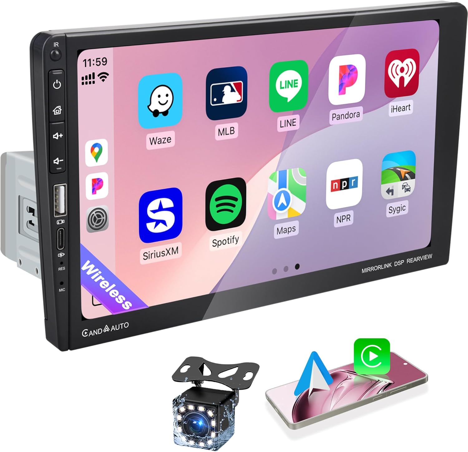 9 Inch Single DIN Car Stereo with Wireless Apple CarPlay Android Auto, Car Radio, 9" IPS Capacitance Touchscreen, Bluetooth 5.2, FM Receiver, Backup Camera,USB/Type-C, subwoofer, Apple Car Play