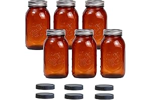 6 Pack 32 oz Amber Mason Glass Mason Jars with Black Plastic...