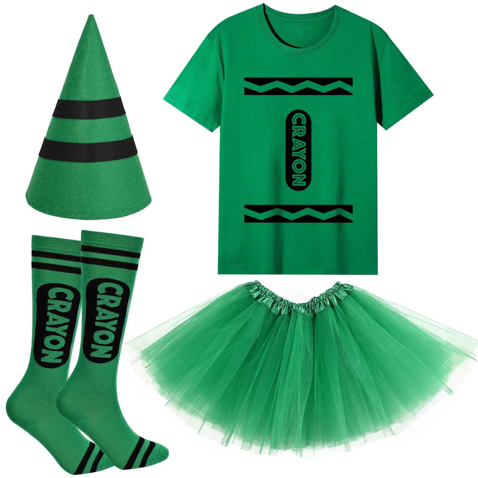 4Pcs Book Day Crayon Costume Set Including T-shirt Hat Socks Tutu Skirt for Kids for Story Book Day Dress Up for Cosplay Party Supplies (Green, 7-8Years Old)