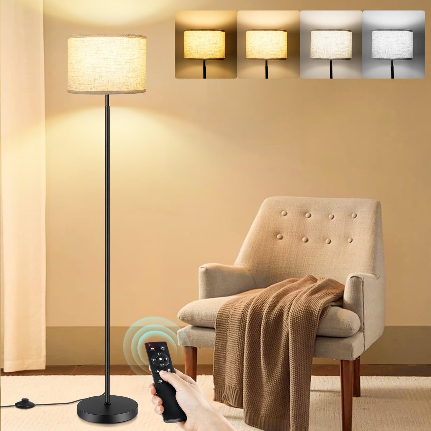Floor Lamps for Living Room with Remote Control, 4 Color Temperatures Pole Lamps with Linen Shade for Bedroom, Office - Black