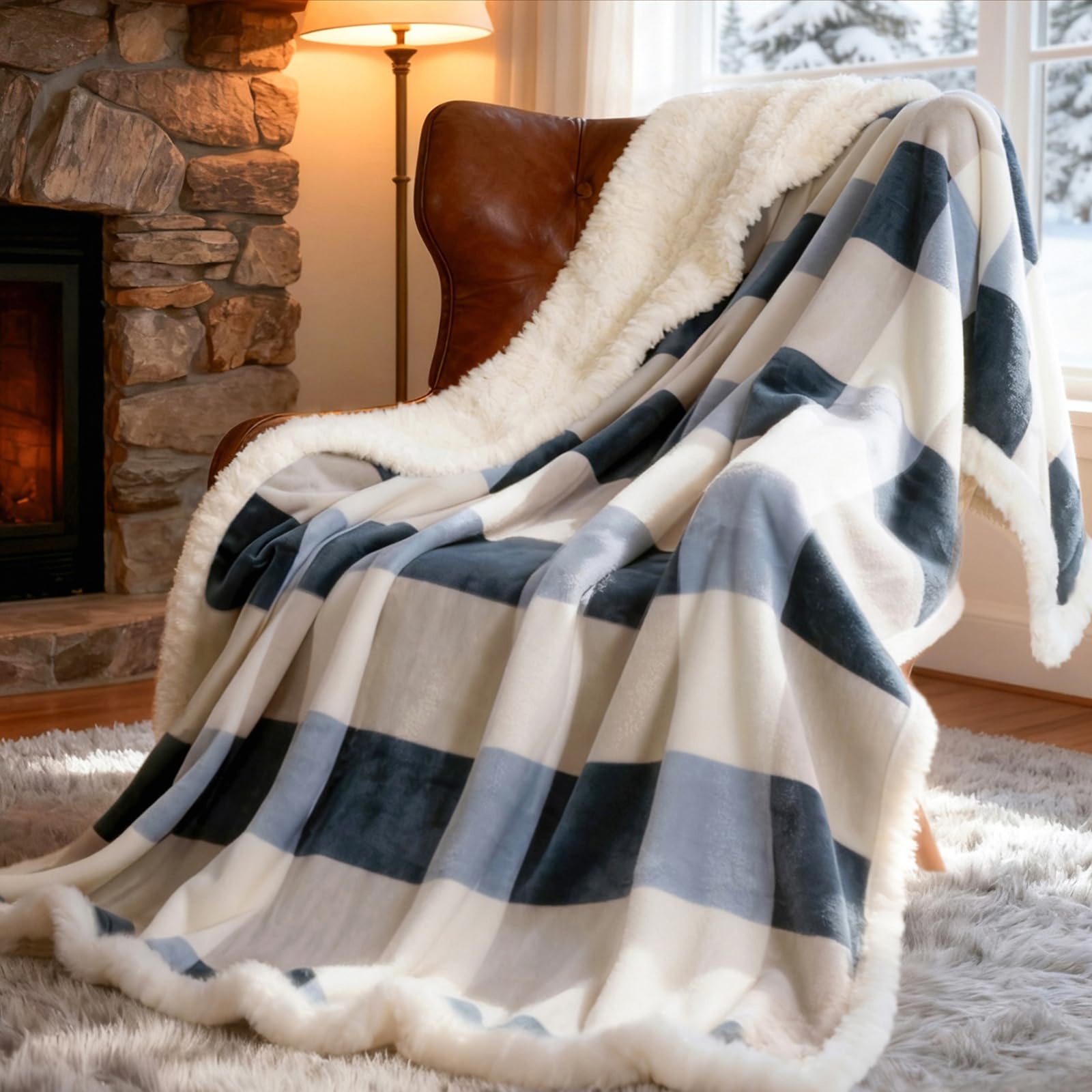 PU MEI Sherpa Fleece Throw Blanket 60" x 80" Reversible Plush Fluffy Large Big Blanket Lattice Flannel Blankets for Sofa Couch Bed (Grey-Soft Blue, 60"*80")