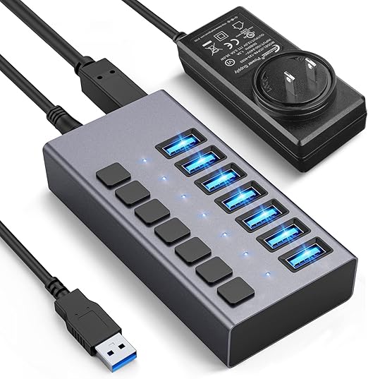 36W Powered USB Hub ACASIS 7 Ports USB 3.0 Data Hub