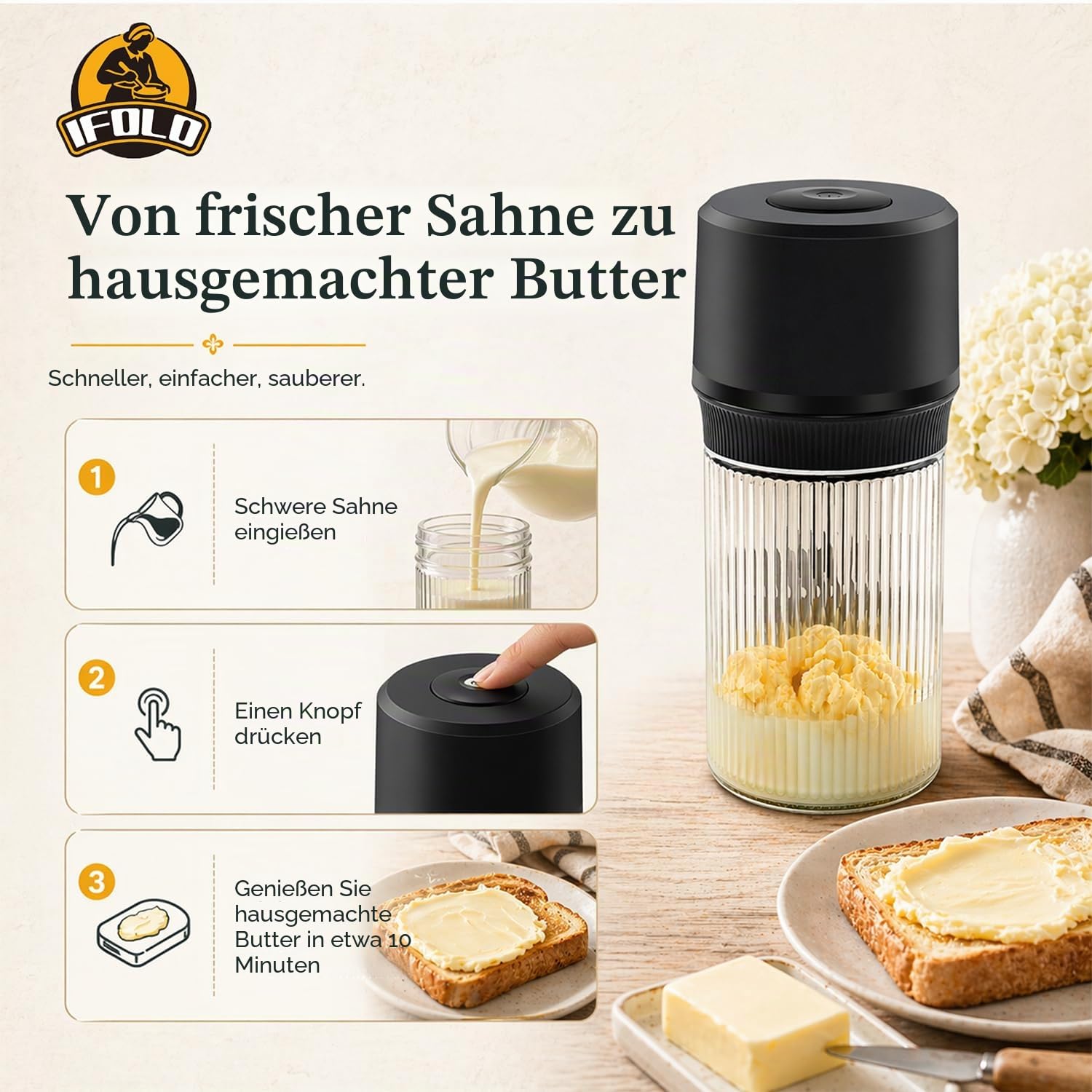 IFOLO Elektrische Butterkanne - One-Touch-Butterbereiter in 5-10 Minuten, 963.9 g Glasbehälter mit bürstenlosem Hochgeschwindigkeitsmotor, Hochgeschwindigkeitsmischung für cremige Ergebnisse