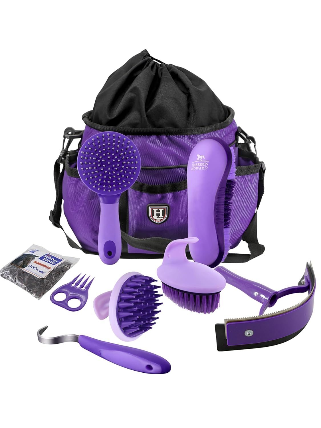 Harrison Howard Horse Grooming Brushes Kit 7 pieces with Organizer Tote Equine Care Series Horse Brush Sets Purple