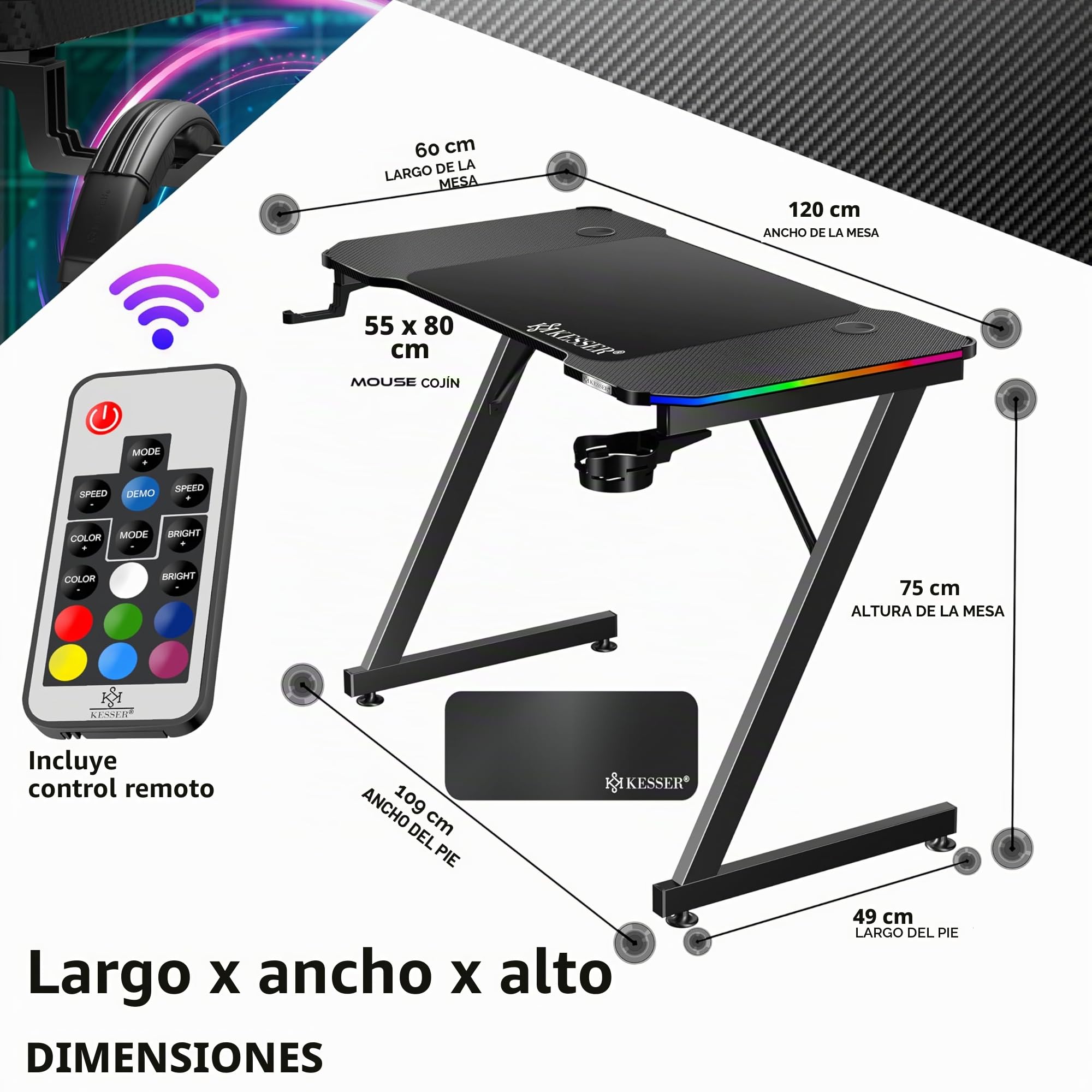 KESSER® Mesa Gaming | 120 x 60 cm | Incl. LED | Escritorio para Gamer en Forma de Z | Soporte para Auriculares | Mesa ergonómica para Ordenador | Incl. Alfombrilla de ratón y Soporte