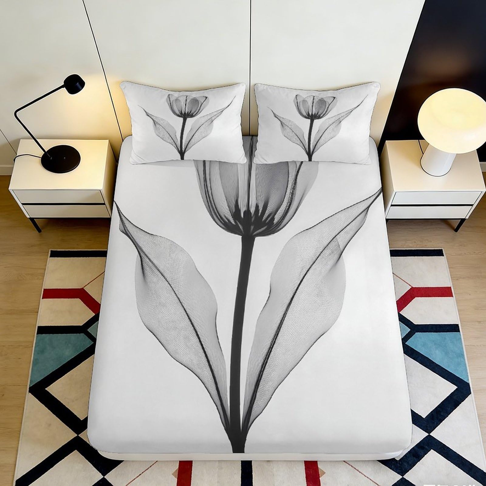 3D Printed Monochrome Tulip Fitted Sheet Microfiber Breathable Flower Mattress Cover for Bedroom Dorm Decor 90x200x25cm
