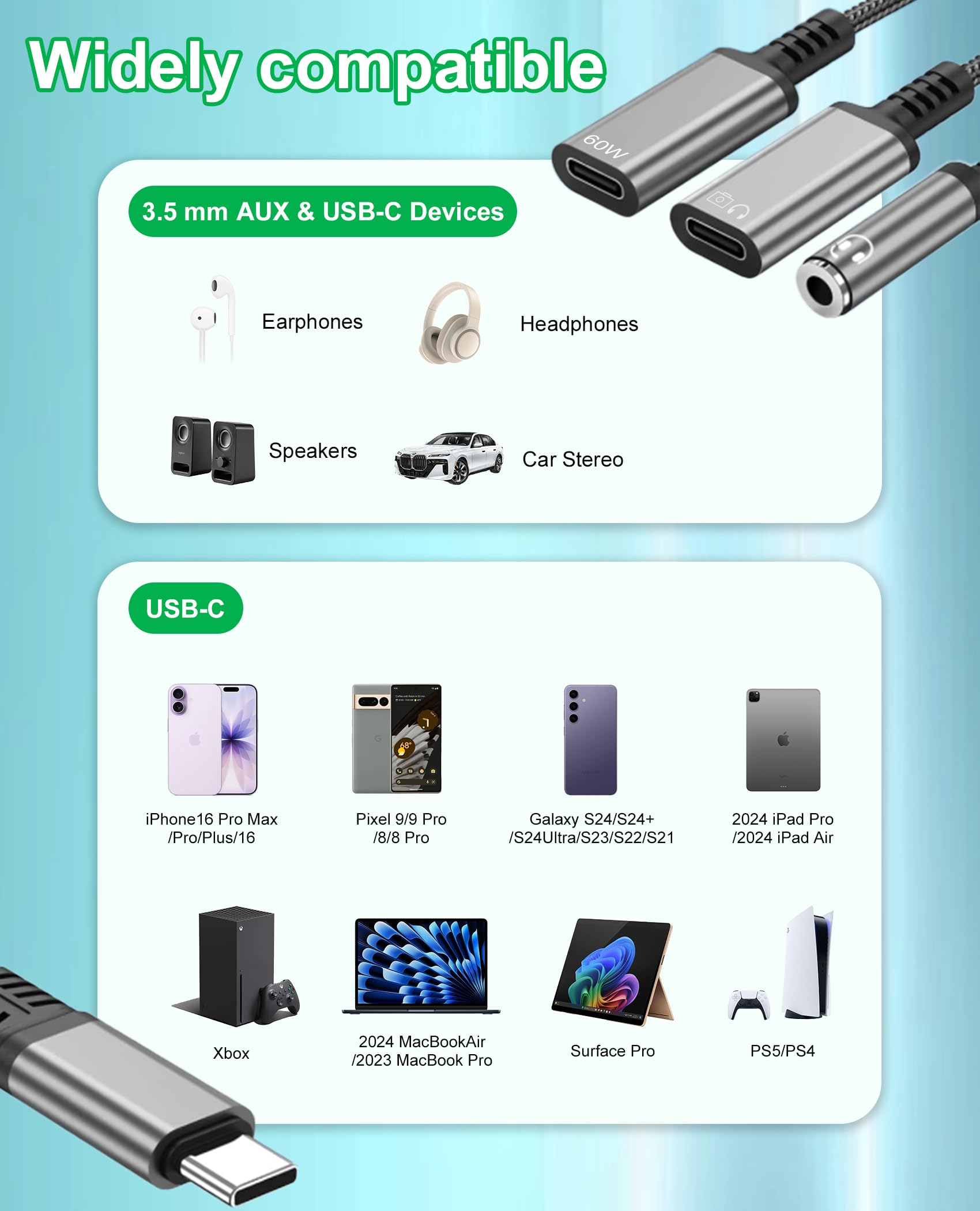 Adattatore USB C Splitter 1 in 3 Out USBC per cuffie con ricarica e dati da 60 W, da USB-C a cuffie da 3,5 mm e doppio splitter di tipo C, supporta ricarica rapida PD, dati, musica, chiamate per