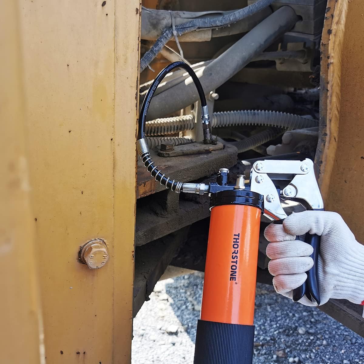 Thorstone Grease Gun Kit, 7000 PSI Heavy Duty Pistol Grip Grease Guns Set with 14oz Load, 18" Spring Flex Hose, 2 Reinforced Coupler, 1 Sharp Type Nozzle, 2 Extension Rigid Pipe Included, Orange