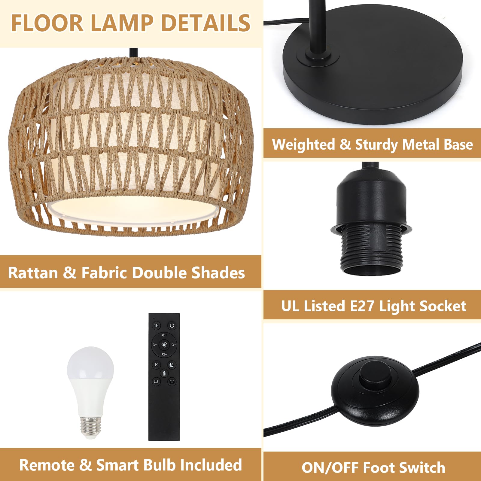 Rayofly - Lámpara de pie de ratán, con intensidad variable con control remoto, control de aplicaciones, lámpara de pie Boho con pantalla de ratán y bombilla, color negro