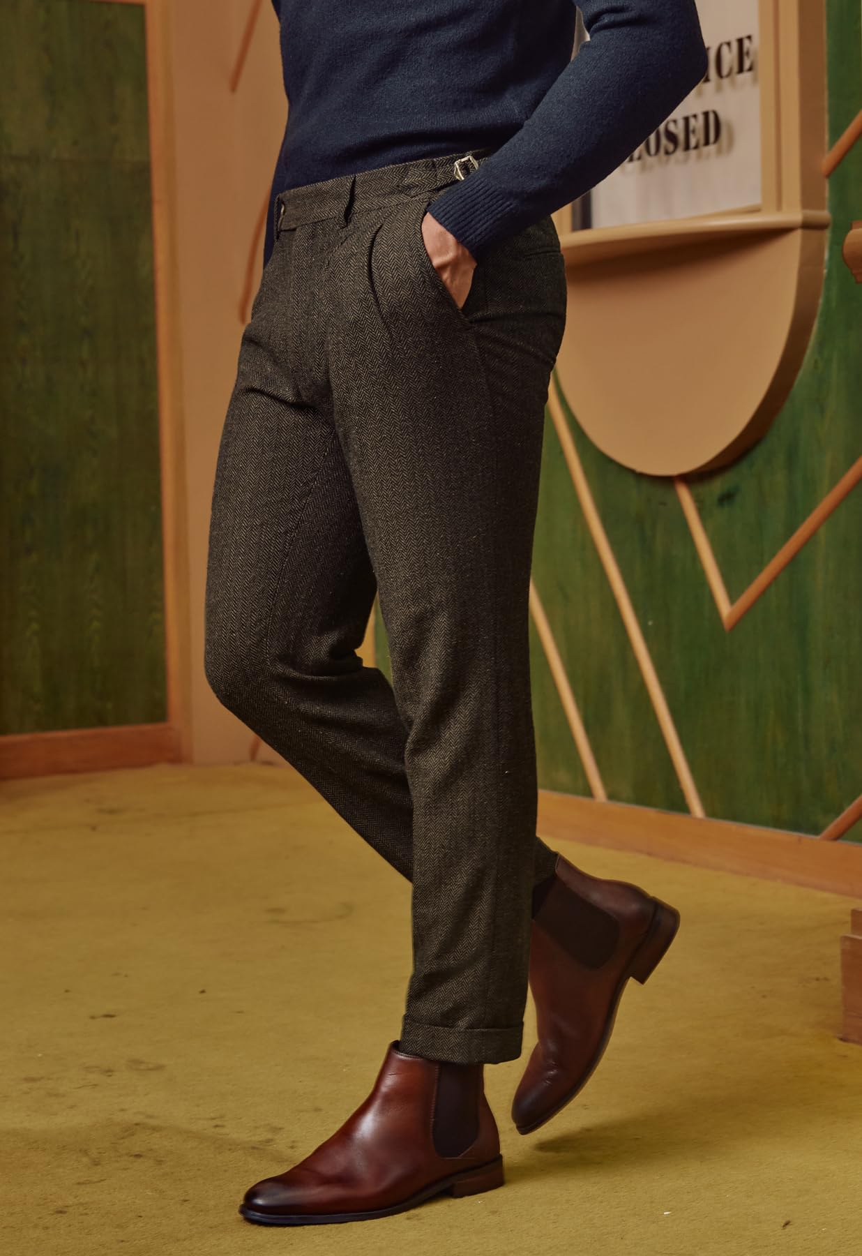 PJ Paul Jones Pantaloni Vintage da Uomo in Tweed a Spina di Pesce Pantaloni a Pieghe, Marrone, L