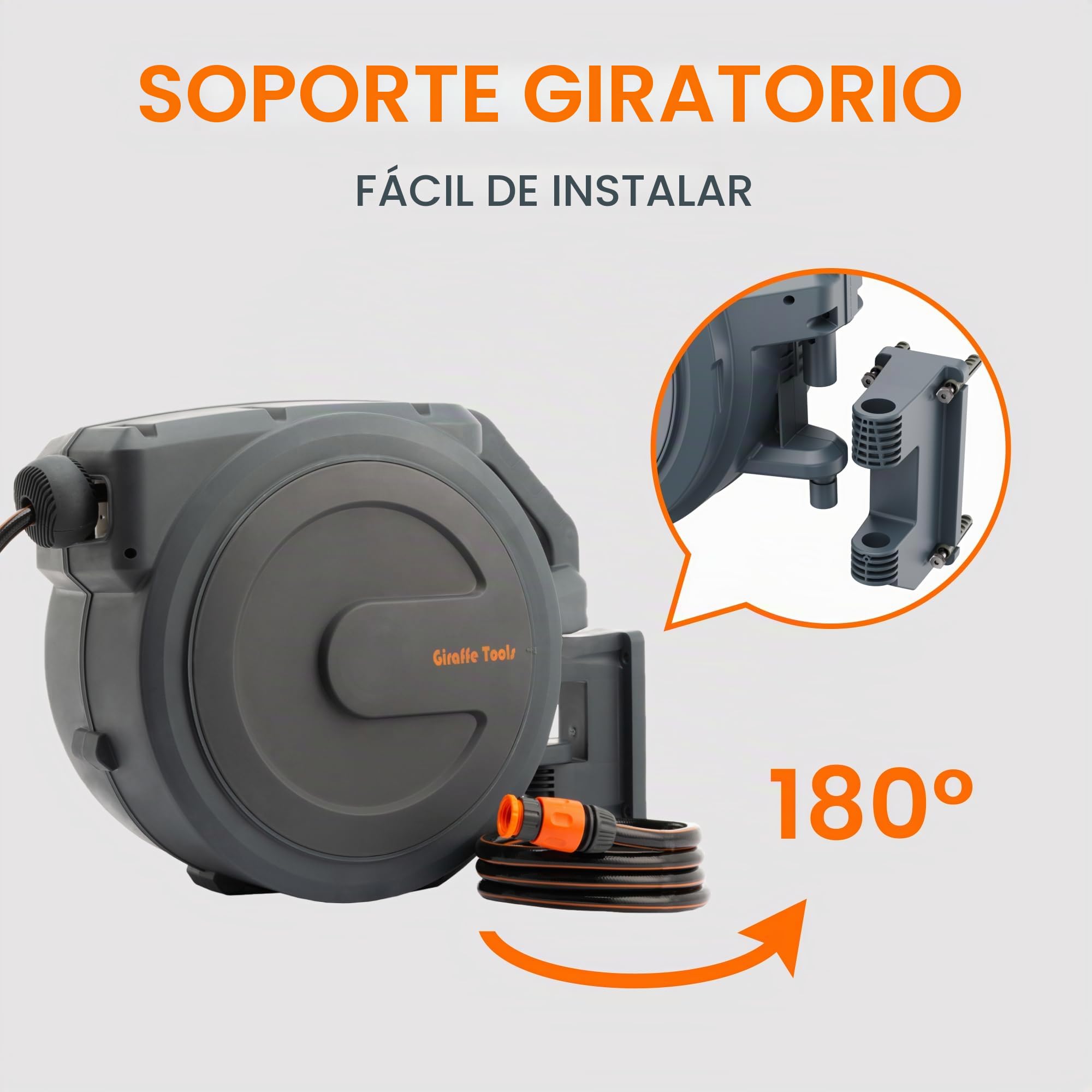 Giraffe Tools Enrollador de manguera retráctil de montaje en pared, 25 + 2 m, giratorio a 180° con boquilla de pulverización 7 en 1