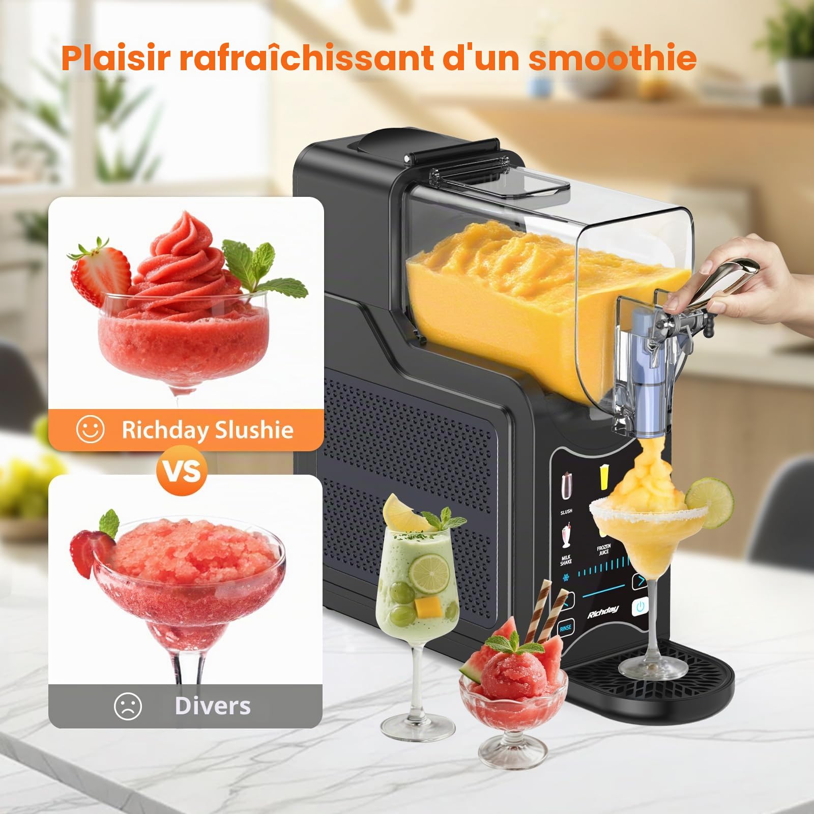 Machine à glace pilée Richday, capacité de 2L, affichage LED, technologie WhisperChill, 6 programmes, pour milkshakes, frappés, margaritas, sorbetière