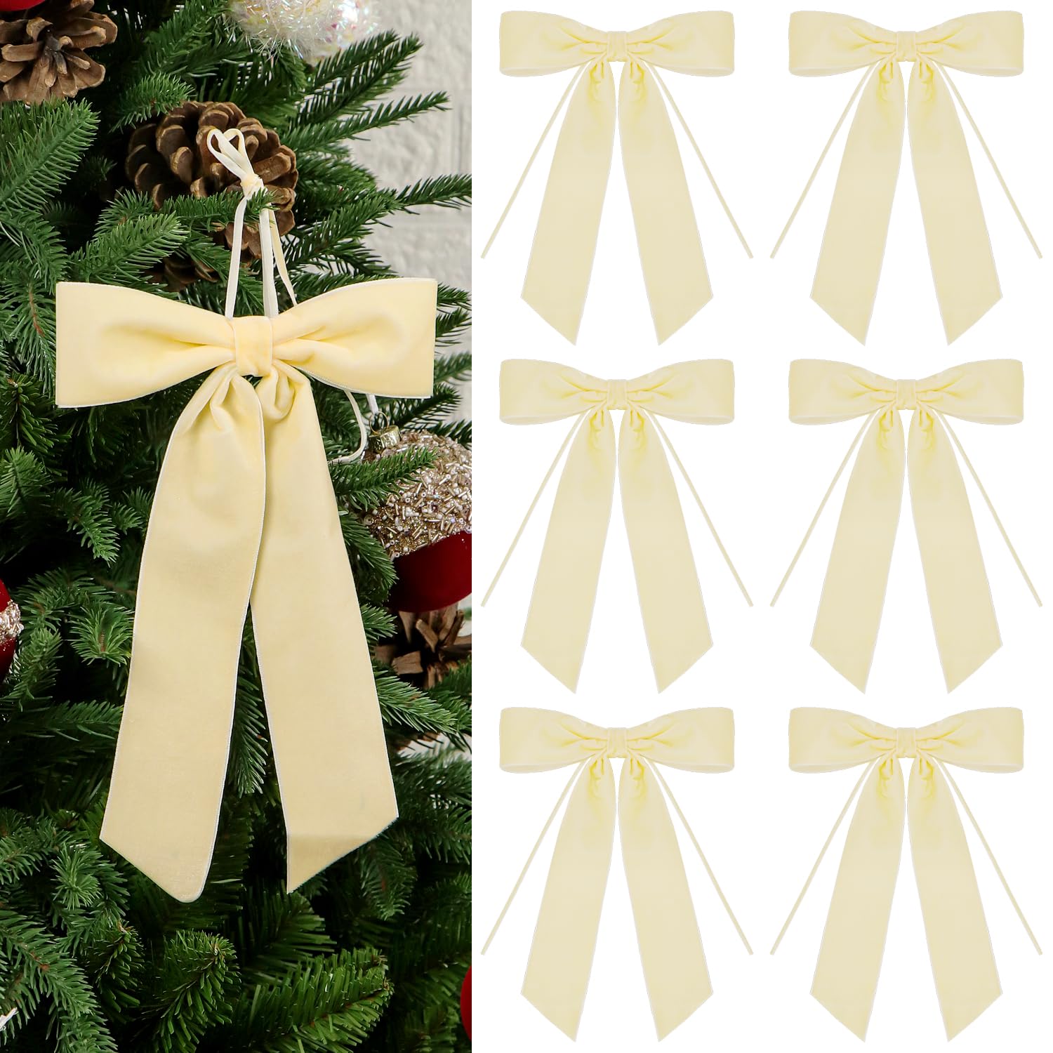 Set of 6 Velvet Bows Christmas Decoration Vintage Ribbon Bow for Gift Wrapping Xmas Holiday Wreath Garland Window Fireplace Staircase Wedding Home Decor,18x25cm (Cream White)