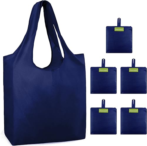 BeeGreen Bolsas de comestibles reutilizables color azul marino paquete de 5 bolsas de compras reutilizables a granel con asas extra grandes para 50