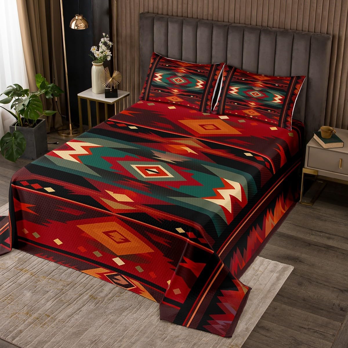 jejeloiu Boho Aztec Bedspread Queen Size Kids Blue Farmhouse Western Exotic Style Coverlet Set for Boys Girls Tribal Native American Indian Quilted Coverlet Room Decor