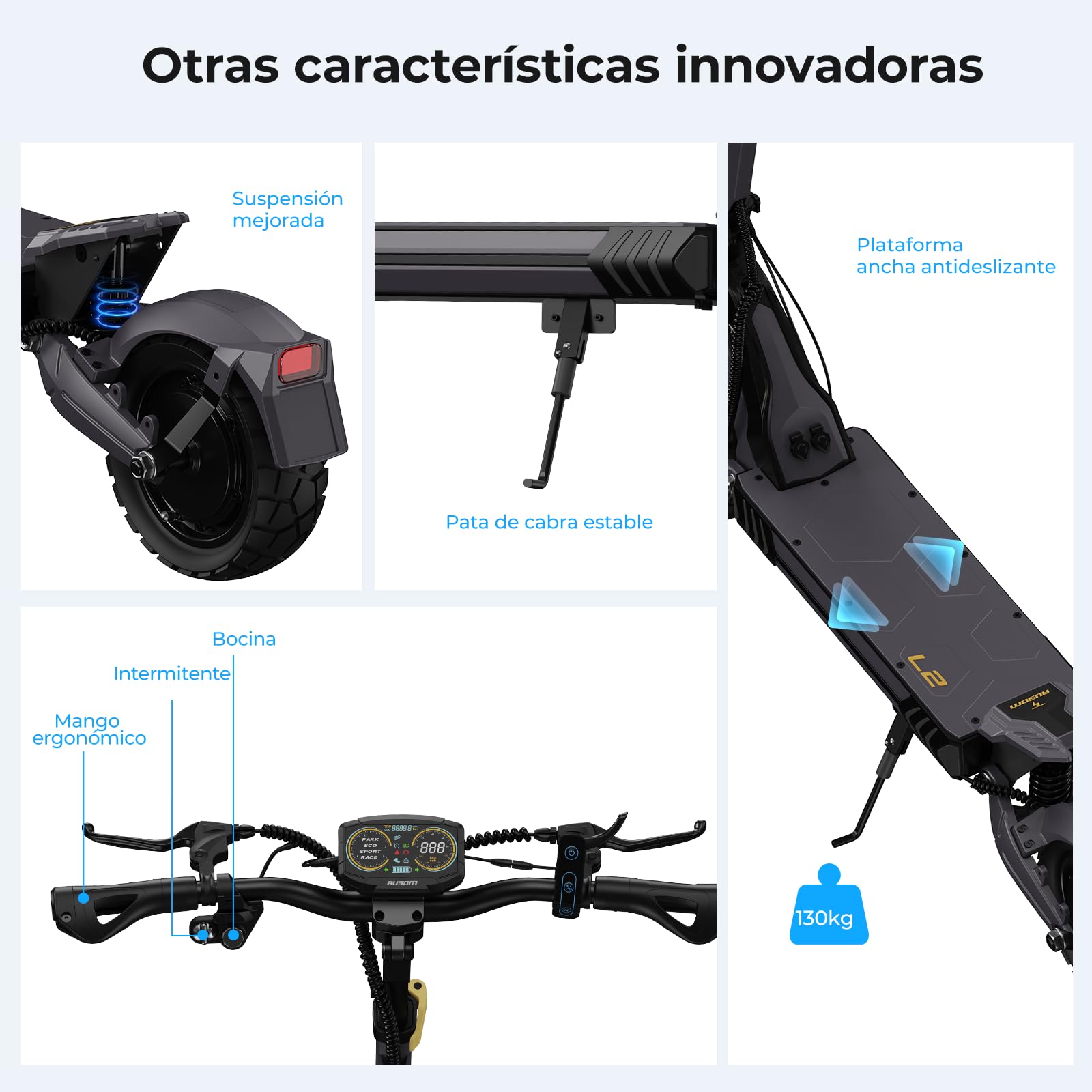 Patinete Eléctrico Ausom L2 de 10 Pulgadas con batería de 48 V y 15,6 Ah, 70 km de autonomía, E-ABS + Frenos de Disco, protección antirrobo NFC, Aventuras y desplazamientos urbanos (Motor único)