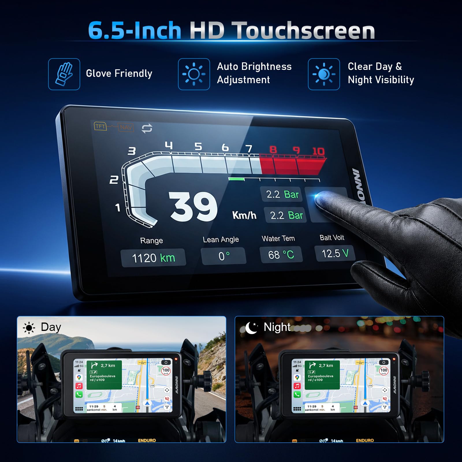 INNOVV N2 - Écran tactile pour motos BMW, CarPlay et Android Auto, avec écran de navigation GPS étanche de 6,5 pouces, lecture de données, TPMS, commandes WonderWheel