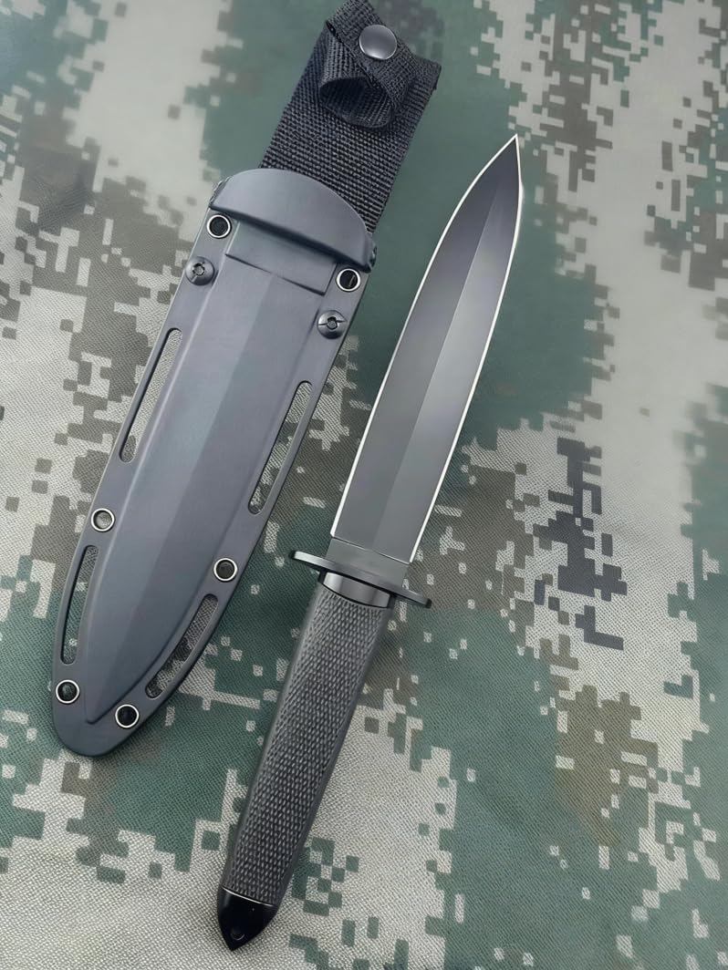 Generisch Teerma Jagdmesser HY7 feststehende klinge, Klingenlänge 19.1 cm schwarzes Jagdmesser, Großes Bowiemesser mit Holzgriff, Messer Outdoor, Hunting Knife, Bushcraft Messer, Survival Messer