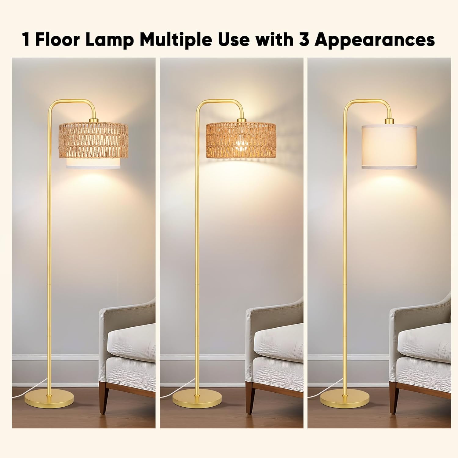 PARTPHONER Gold Floor Lamp for Living Room, Farmhouse Tall Lamp with 3 Color Temperatures Remote & Dimmable Bulb, Boho Lamp Rattan and Fabric Shades Bedroom Study Room Office Hotel