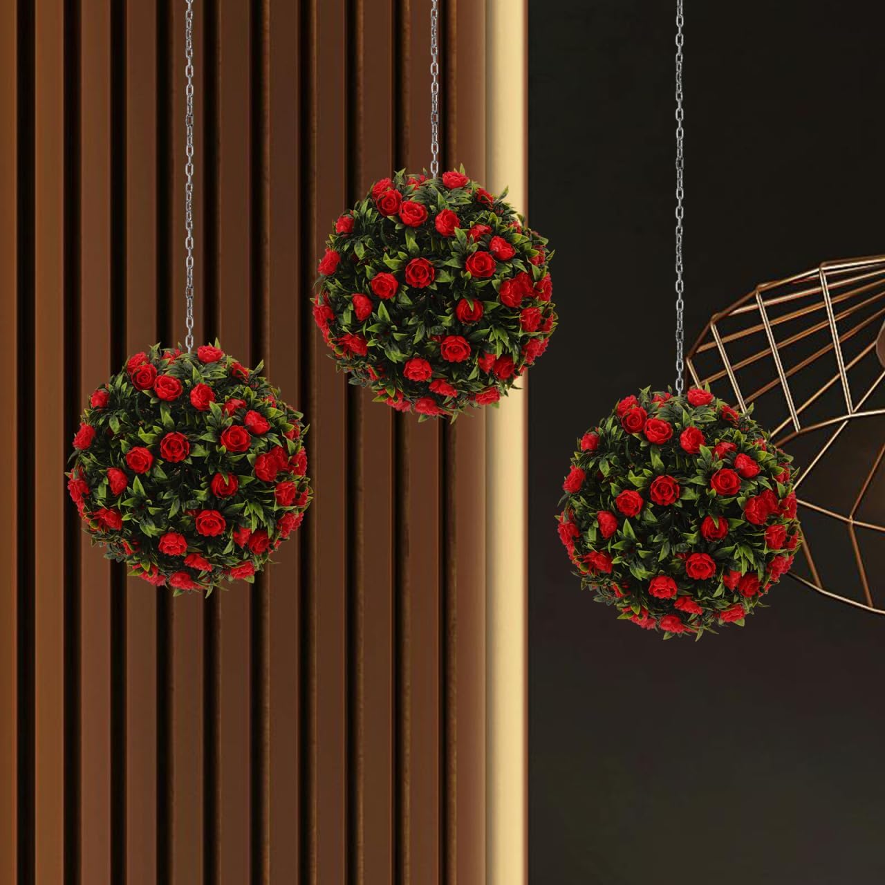 Healifty Artificial Flower Topiary Ball Red Decorative Hanging Garden Patio Ornament for Indoor Outdoor Use UV Resistant Plastic Simulation Grass Ball for Weddings Parties Home and