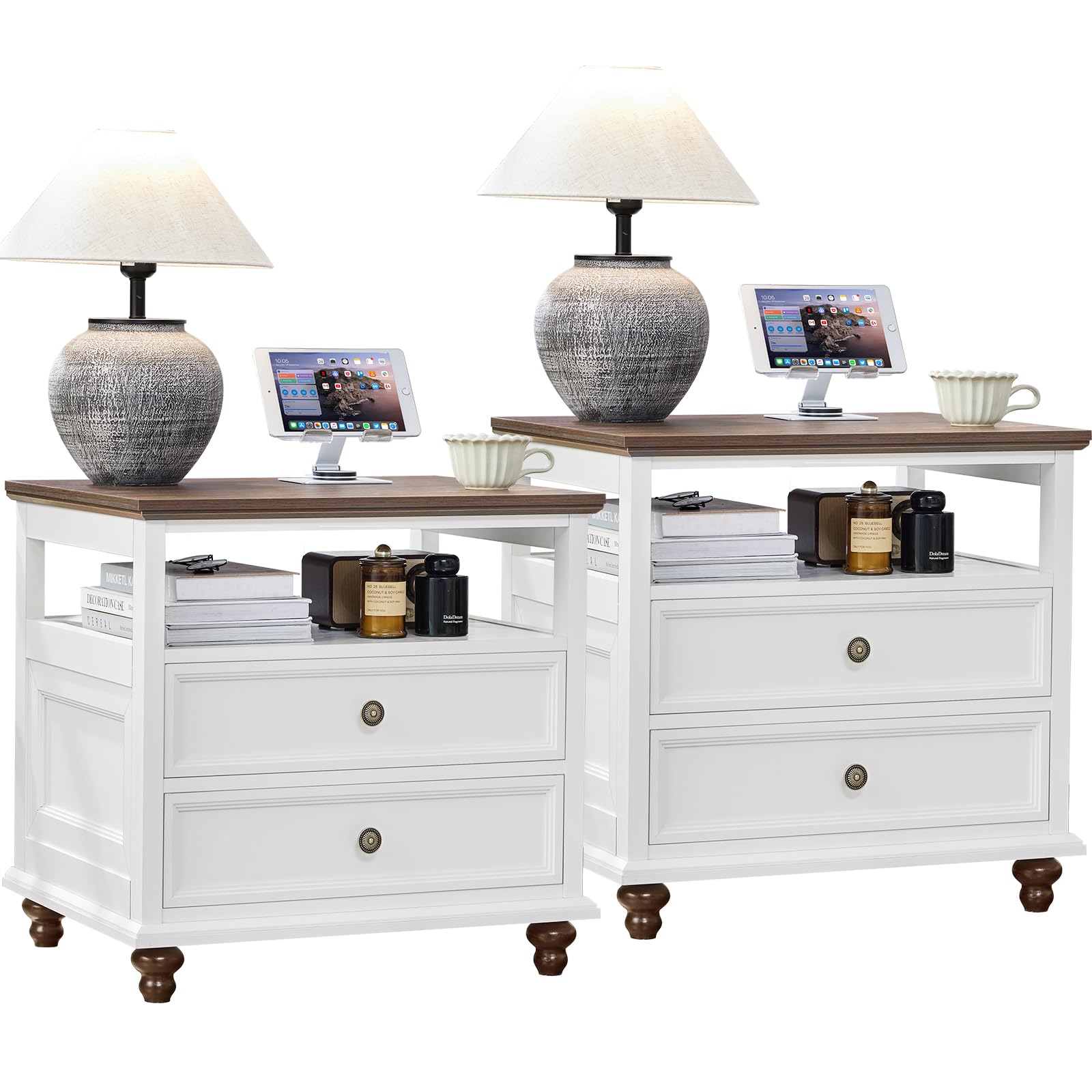 Joaxswe 24" Wide Farmhouse Night Stand Set of 2,Large End Table with 2 Drawers &amp; Metal Handle,White Wood Dresser for Bedroom, Bed Side Table Chest of Drawers Cabinet, Nightstand for Living Room,Closet