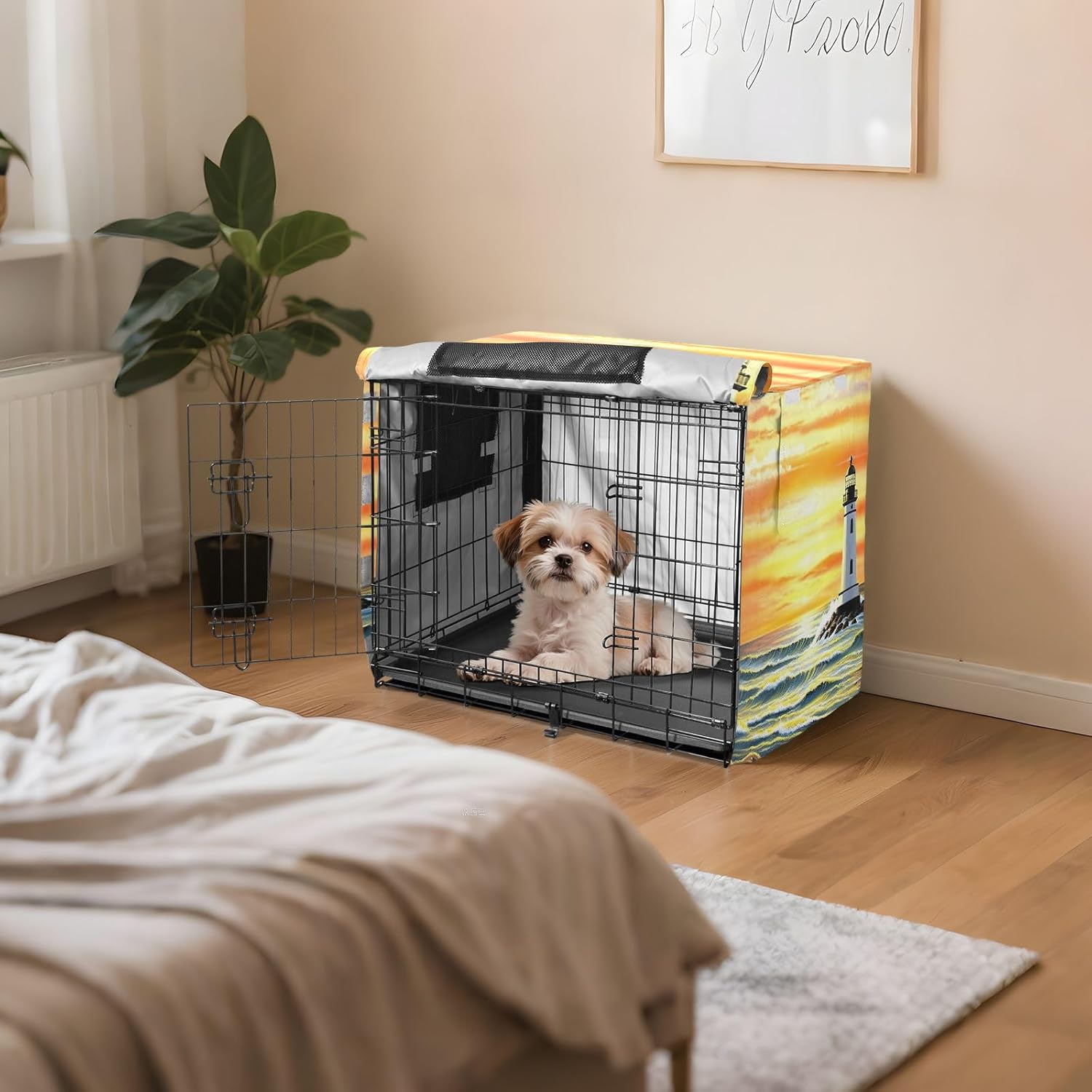 Oil Painting Lighthouse Ocean Orange Dog Crate Covers Universal Size Fit, Pet Crate Cover with Roll-up Sides, Large