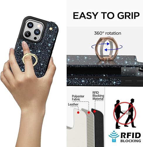 Miniatura 3 de AICase Funda para tarjetas compatible con iPhone 15 Pro, funda protectora brillante con purpurina para mujer con soporte de anillo y 8 ranuras para