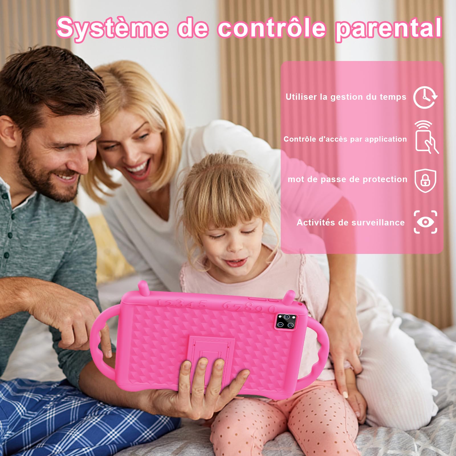 Tablette Enfants 10 Pouces, Tablette Android 14 Octa-Core 2,0 GHz, 10 Go RAM 64 Go ROM (TF 1 to), 6000 mAh, WiFi, Bluetooth, Double Caméra, Contrôle Parental, APP éducation Enfants (Rose)
