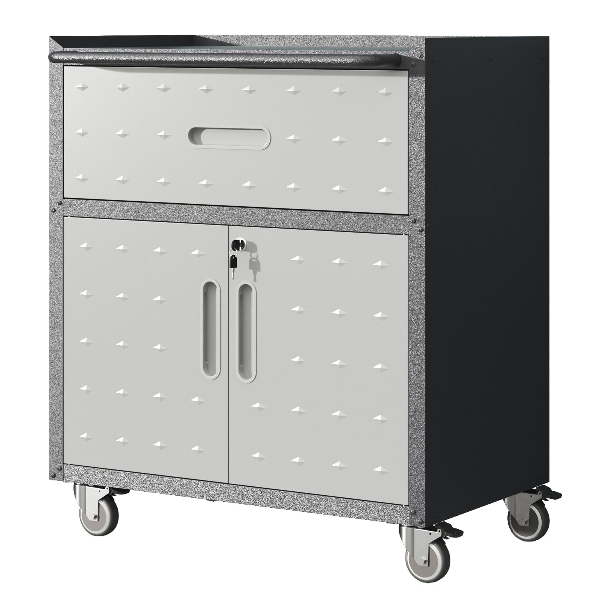 Armario de herramientas de metal resistente con ruedas con 2 puertas de bloqueo y estantes ajustables para garaje, taller, almacén, color negro y gris