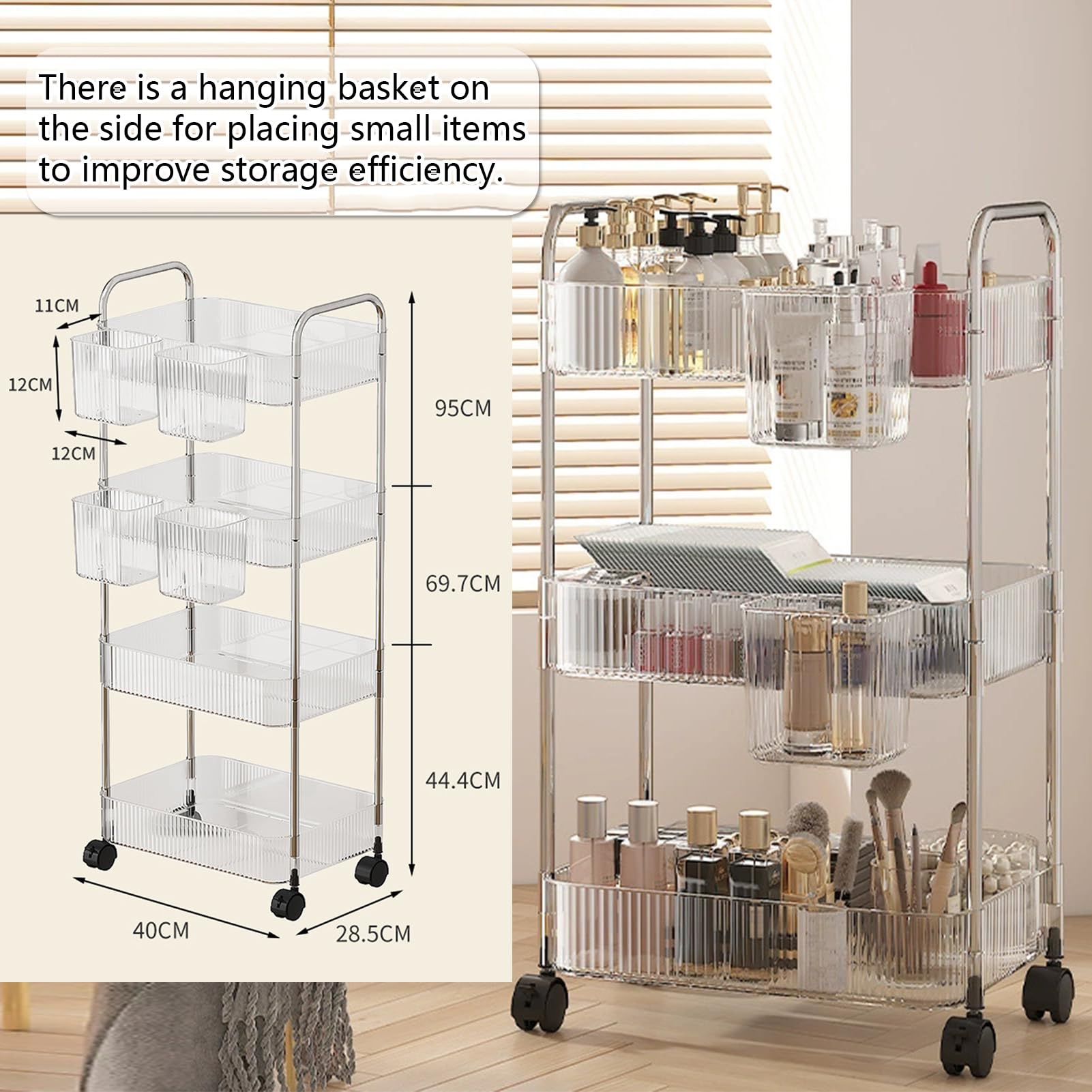 Carrello portaoggetti a 4 ripiani con ruote e cesto sospeso, ripiani mobili per ufficio, bagno, cucina, soluzione di archiviazione