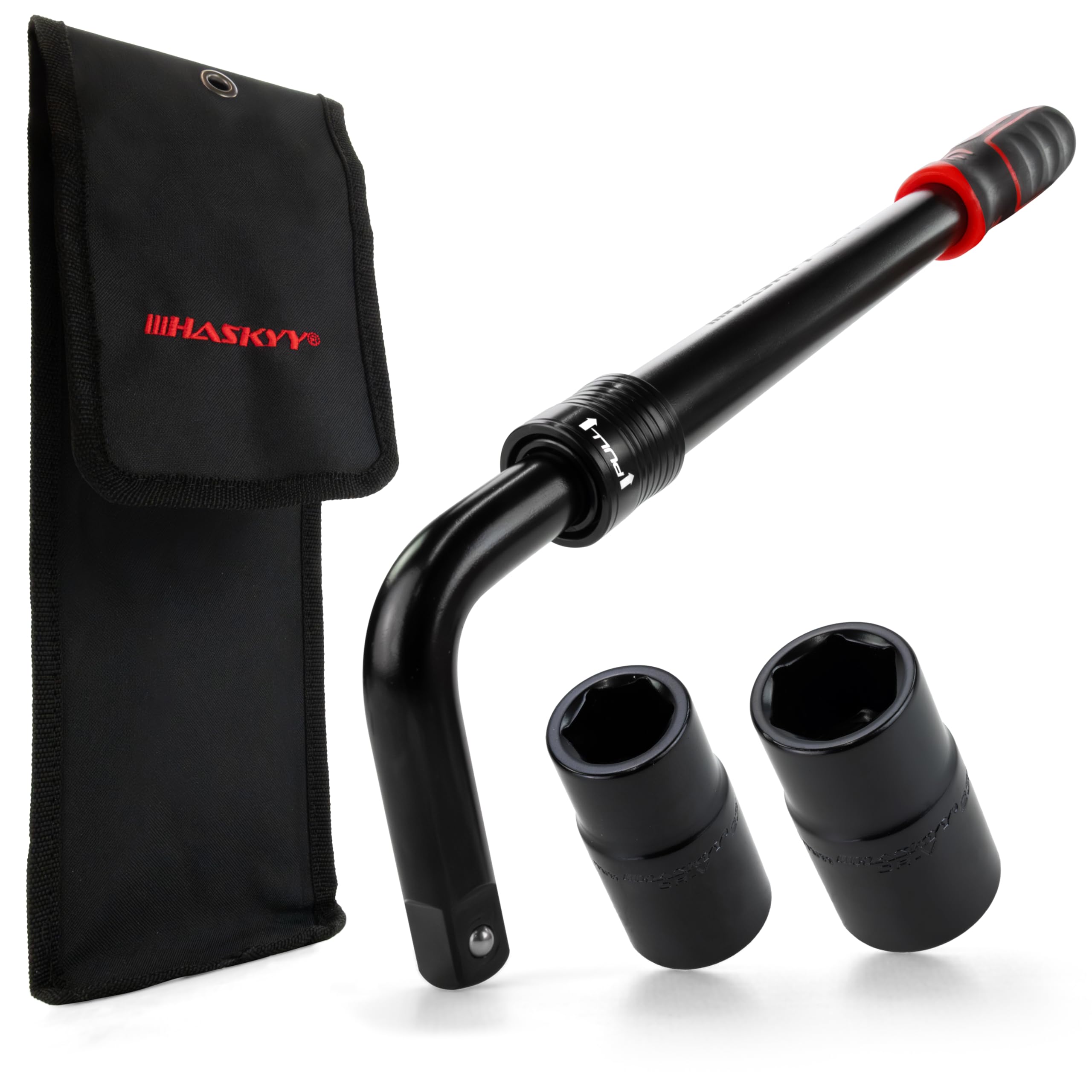 HASKYY Teleskop Radmutternschlüssel Set 355-530mm Verlängerbar 1/2 Zoll Antrieb 17/19mm & 21/23mm Steckschlüssel, Radschlüssel Reifenwerkzeug inkl. Aufbewahrungstasche Drehmoment 665Nm