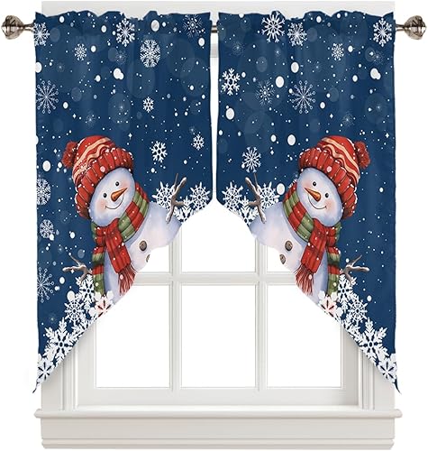 BEMIGO Cortinas de cocina de Navidad, lindas cortinas de granja con muñeco de nieve azul, cenefa con bolsillo para barra de copos de nieve para