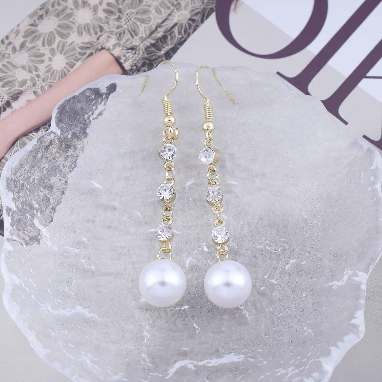 Vintage Crystal Pearl Drop Earrings Gold Pearl Dangle Earrings Earrings Long Tennis Chain Earrings Rhinestone Crystal Chandelier Earrings Jewelry for Women - Image 4