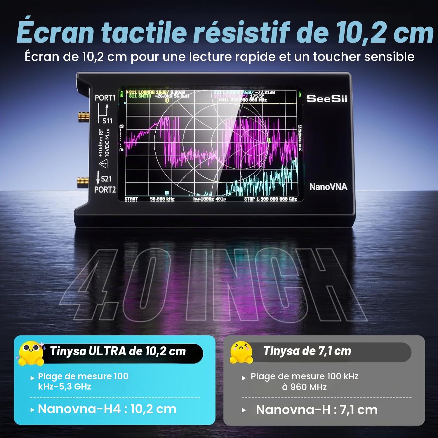 Seesii Analyseur de Réseau Vectoriel NanoVNA-H4, Analyseur d'antenne V4,4 9KHz-1,5GHz HF VHF UHF avec Écran Tactile pour Paramètres S et Rapport d'onde Stationnaire de Tension