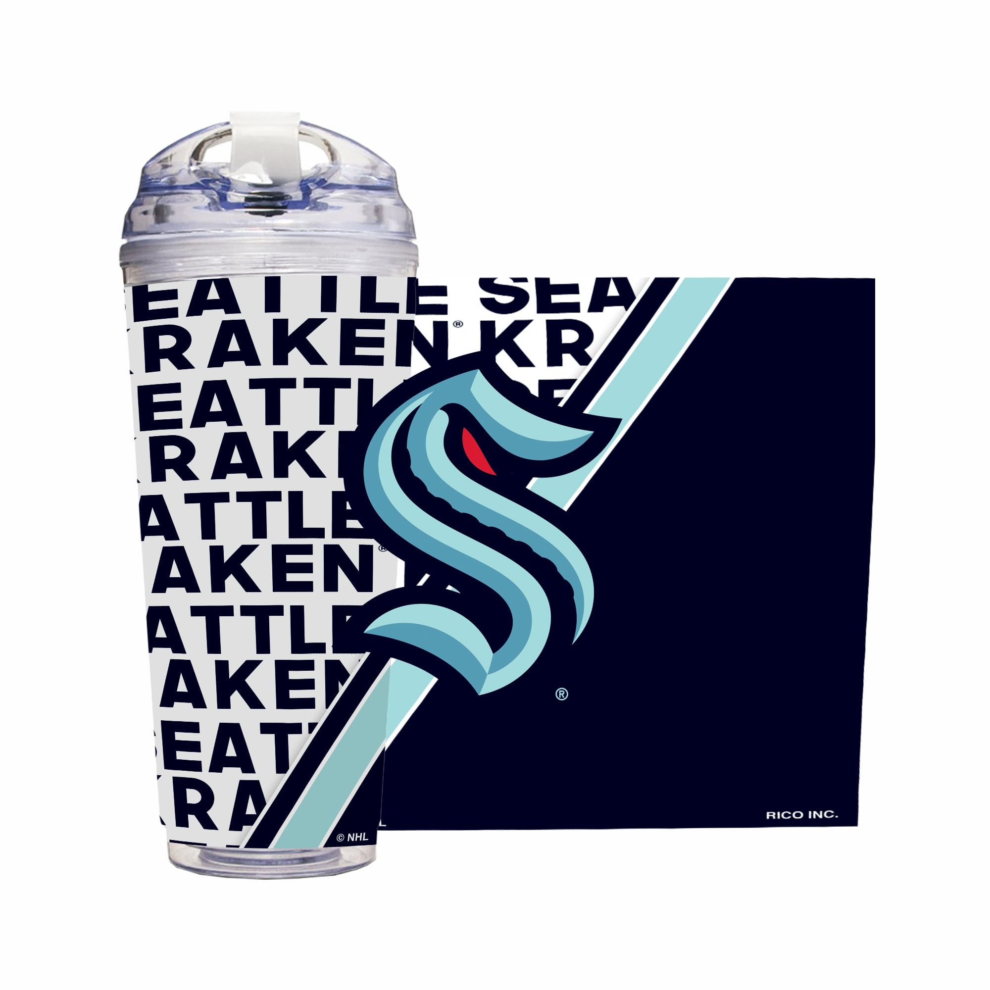 Rico Industries NHL Hockey Seattle Kraken 24oz Acrylic Tumbler with Hinged Lid, Officially Licensed Double Wall Tumbler with Straw