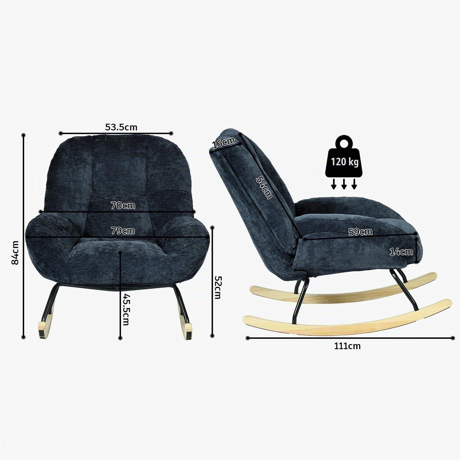 MEUBLE Cosy Sillas Mecedora Escandinavo Sillón Relax Especial Lactancia para Salón Dormitorio Lectura Sala de Estudio, Asiento Extra Ancho en Tela Chenilla, Azul