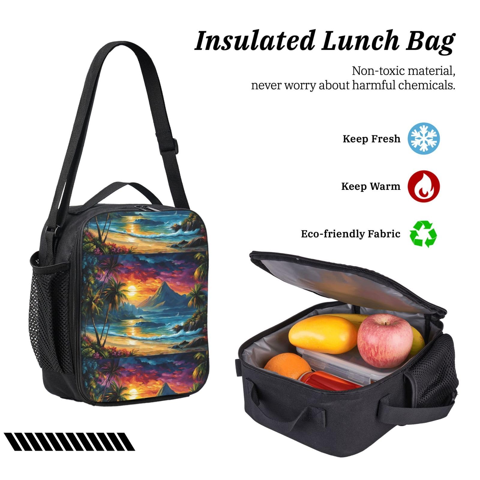 Set zaino con stampa palma di cocco con borsa per il pranzo e astuccio | Confezione combinata minimalista per adolescenti, borsa termica per cancelleria, uso quotidiano all'aperto