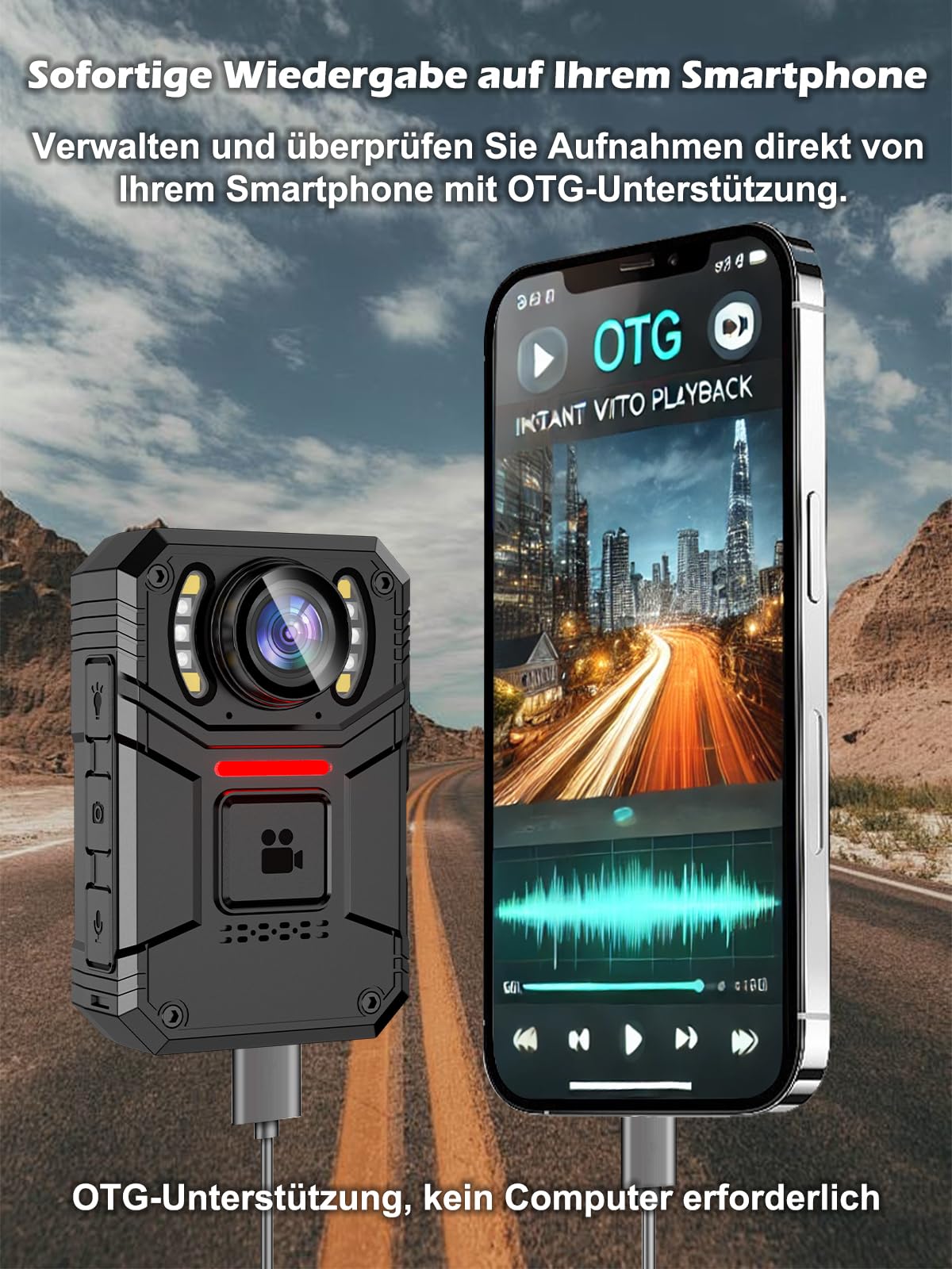 SPIKECAM Echte Body Cam 4K, Bodycam Körperkamera Mini 4K mit OTG, SOS-Alarm, Taschenlampe, Audio- und Videoaufnahme, Handy Body Camera für Polizei- und Sicherheitsdienste, 64GB